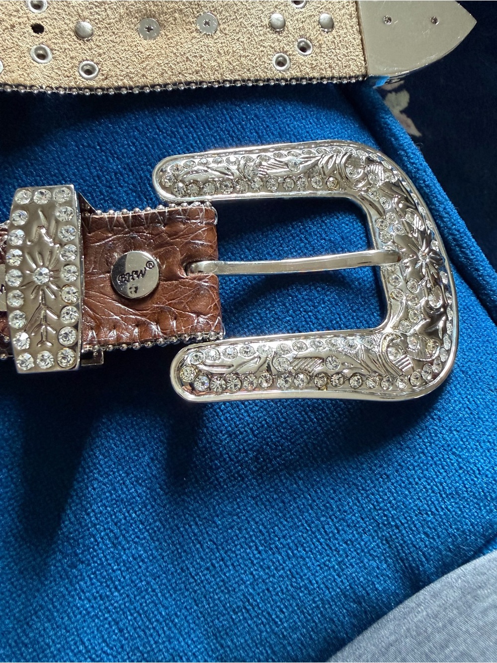 Embellished Western-Style Pink bling Brown Leather Belt with silver Buckle